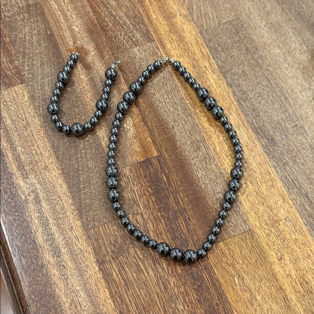 Elegant Hematite Bead Necklace and Bracelet Set - Gunmetal Gray handmade one of